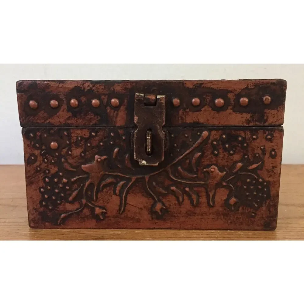 Vtg Primitive Style Copper Emobssed Bird Flower Trinket Jewelry Recipe Card Box